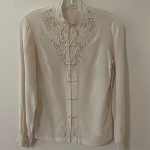 Vintage Silk Blouse with Delicate Feminine Hand Embroidered Floral Lace Details